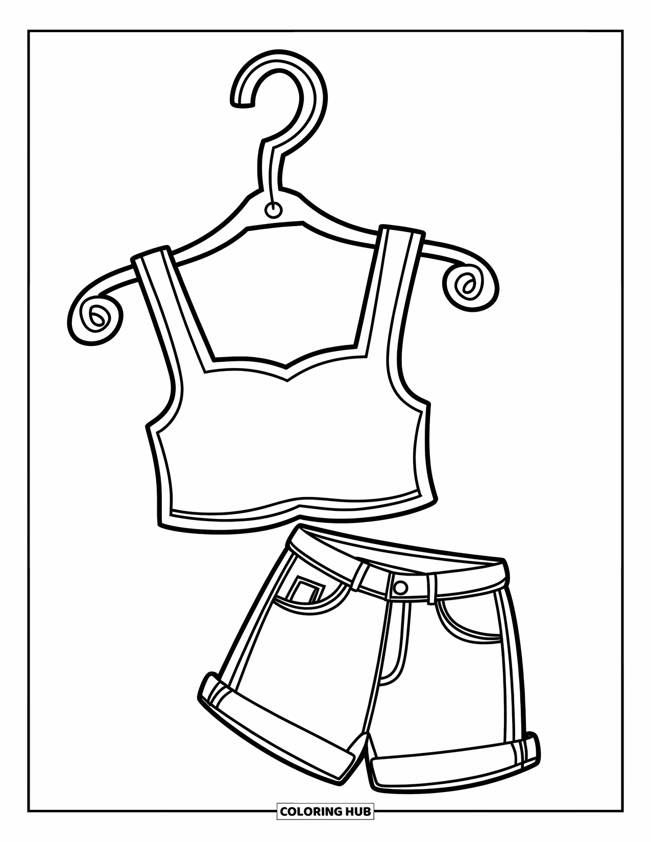 Y2K Coloring Page for Kids: Trendy crop top and low-rise jeans hang from a swirl-shaped hanger