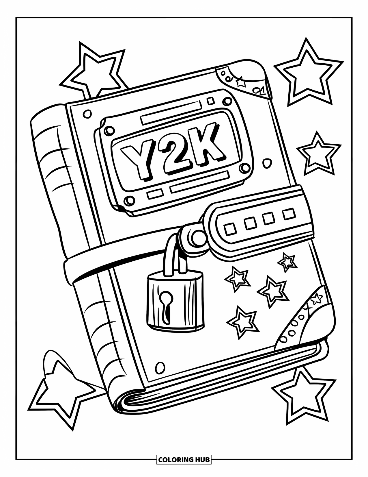 Y2K Coloring Page for Kids: Y2K digital diary with a screen, lock, and star stickers in a fun techy style