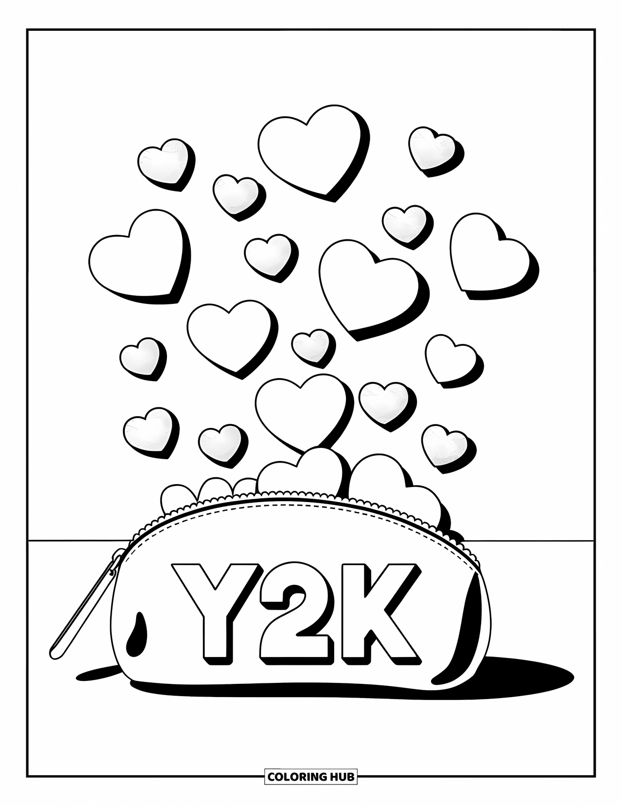 Y2K Coloring Page for Kids: Zippered pouch with hearts and sparkles scattered around it