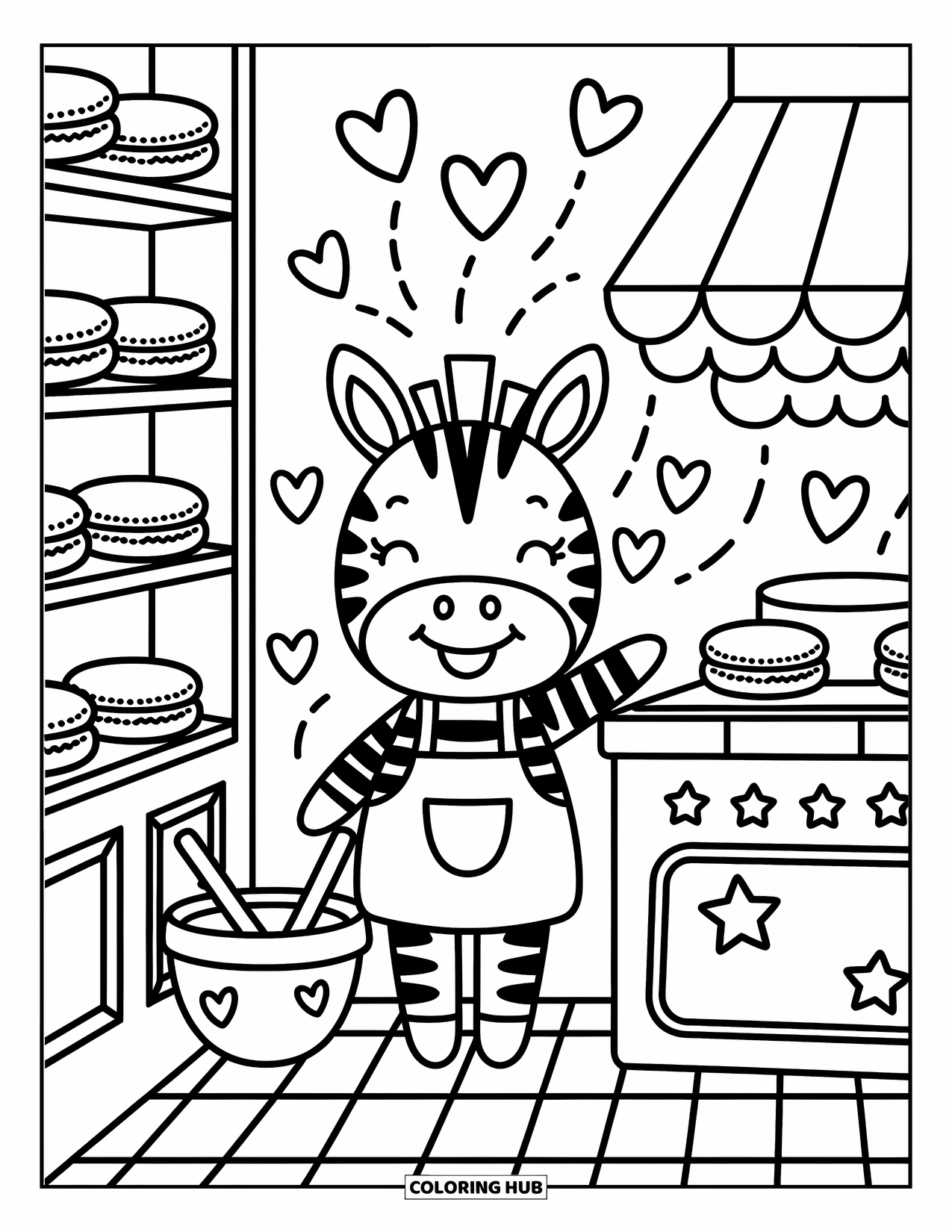 Zebra Coloring Page for Adults: A cheerful zebra stands in a bakery with heart-shaped steam rising above the oven
