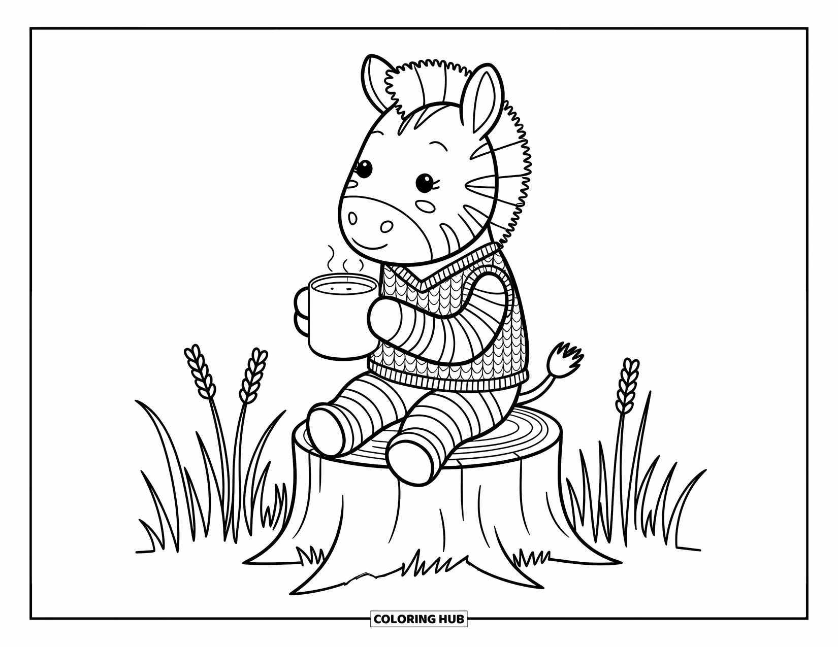 Zebra Coloring Page for Adults: A cozy zebra sits on a stump, smiling with a warm drink in hand