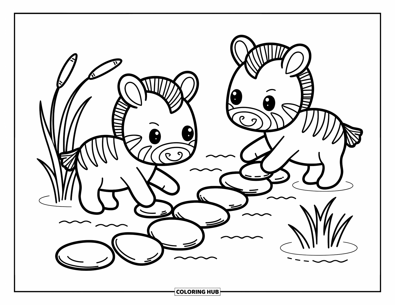 Zebra Coloring Page for Adults: A pair of cute zebras create a charming path with pebbles shaped like hearts