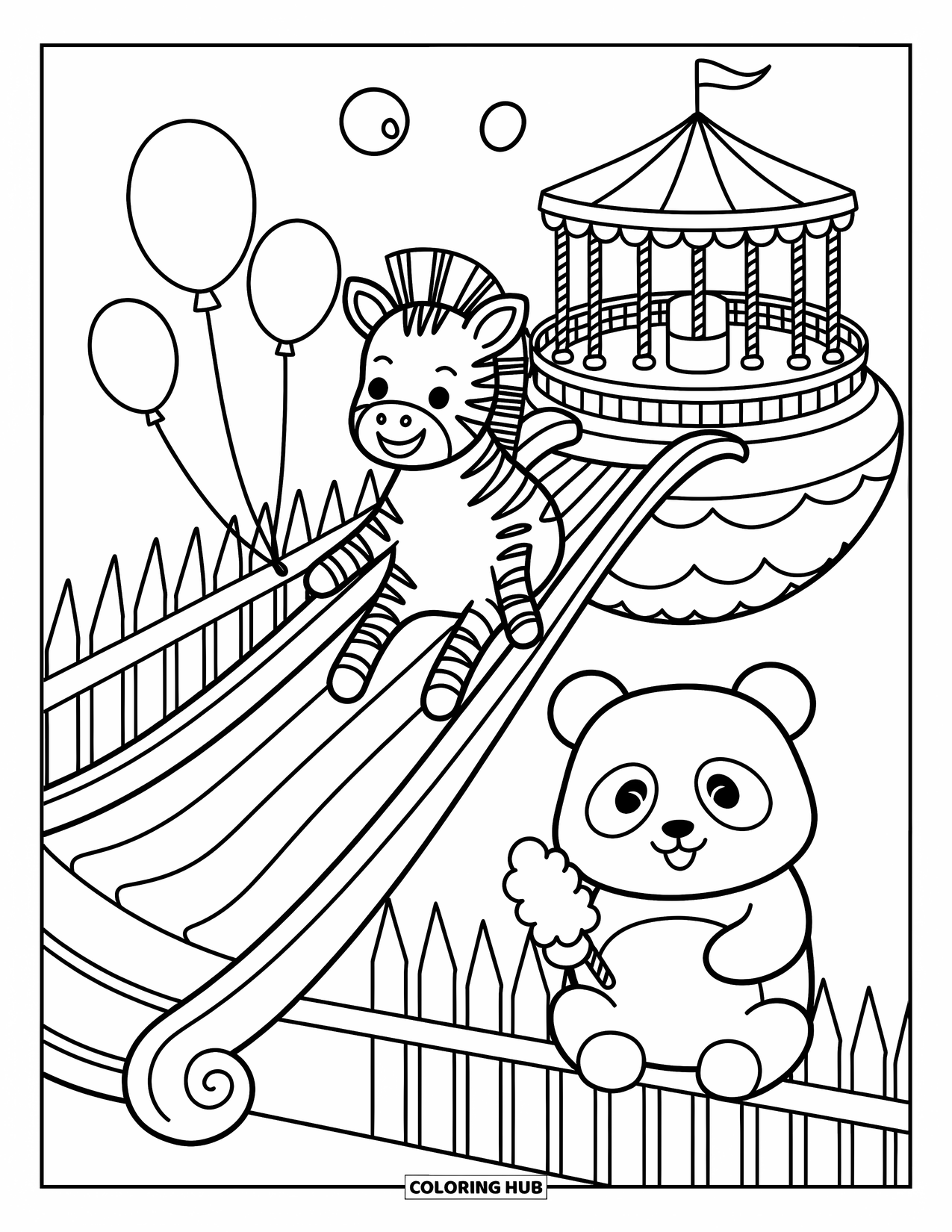 Zebra Coloring Page for Adults: A zebra slides down a candy-striped slide while a panda watches with cotton candy