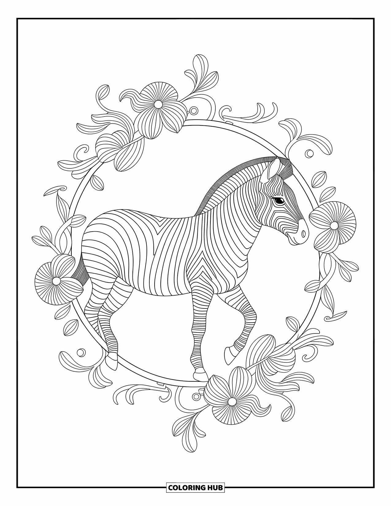 Zebra Coloring Page for Adults: A zebra stands inside a circle of twirling leaves and flowers