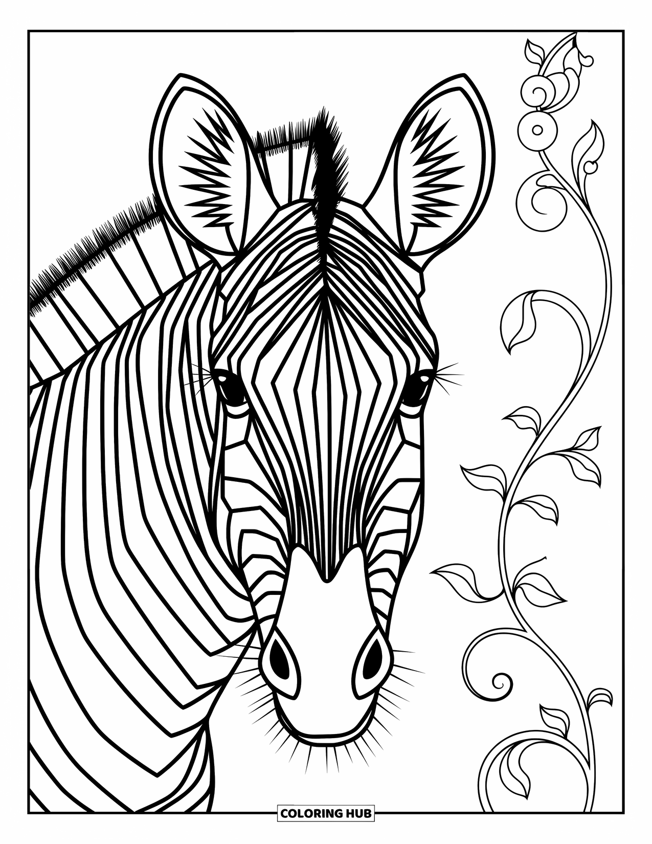 Zebra Coloring Page for Adults: A zebra's face is made of delicate shapes with flowing patterns