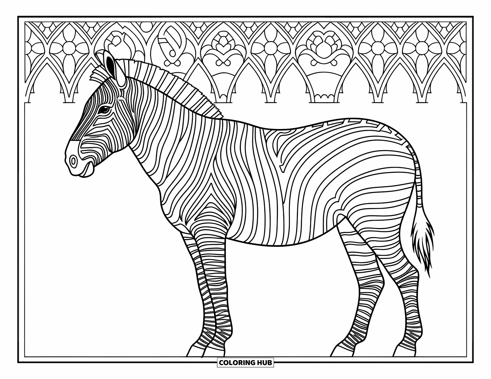 Zebra Coloring Page for Adults: A zebra's stripes resemble stained glass patterns against a finely detailed background