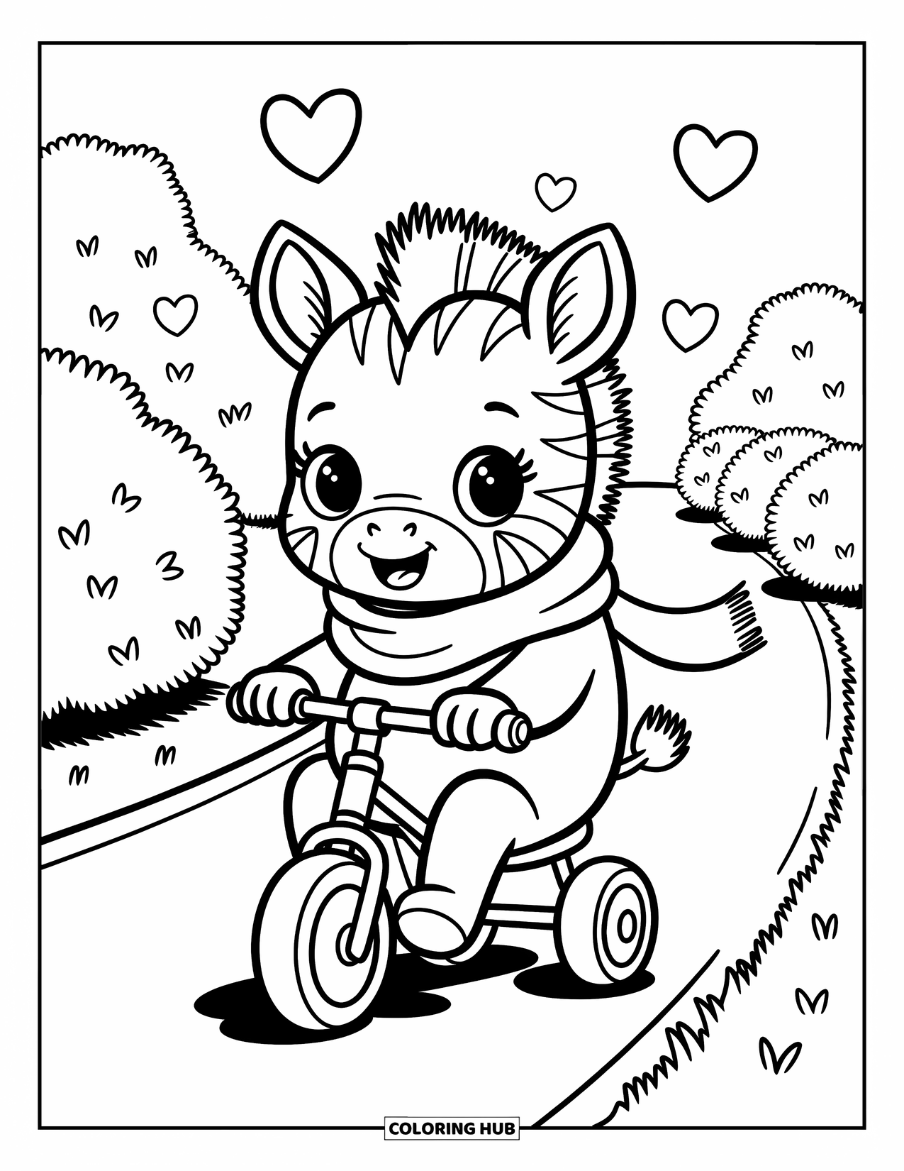 Zebra Coloring Page for Adults: Adorable zebra rides a tiny tricycle while hearts float from its basket