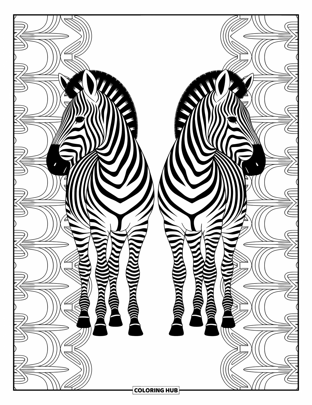 Zebra Coloring Page for Adults: Head-to-tail zebras melt into patterned shapes that mirror each other