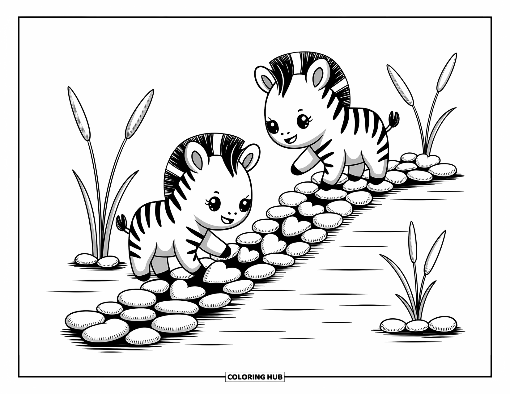 Zebra Coloring Page for Adults: Joyful zebras build a heart and circle pebble path beside gently swaying reeds