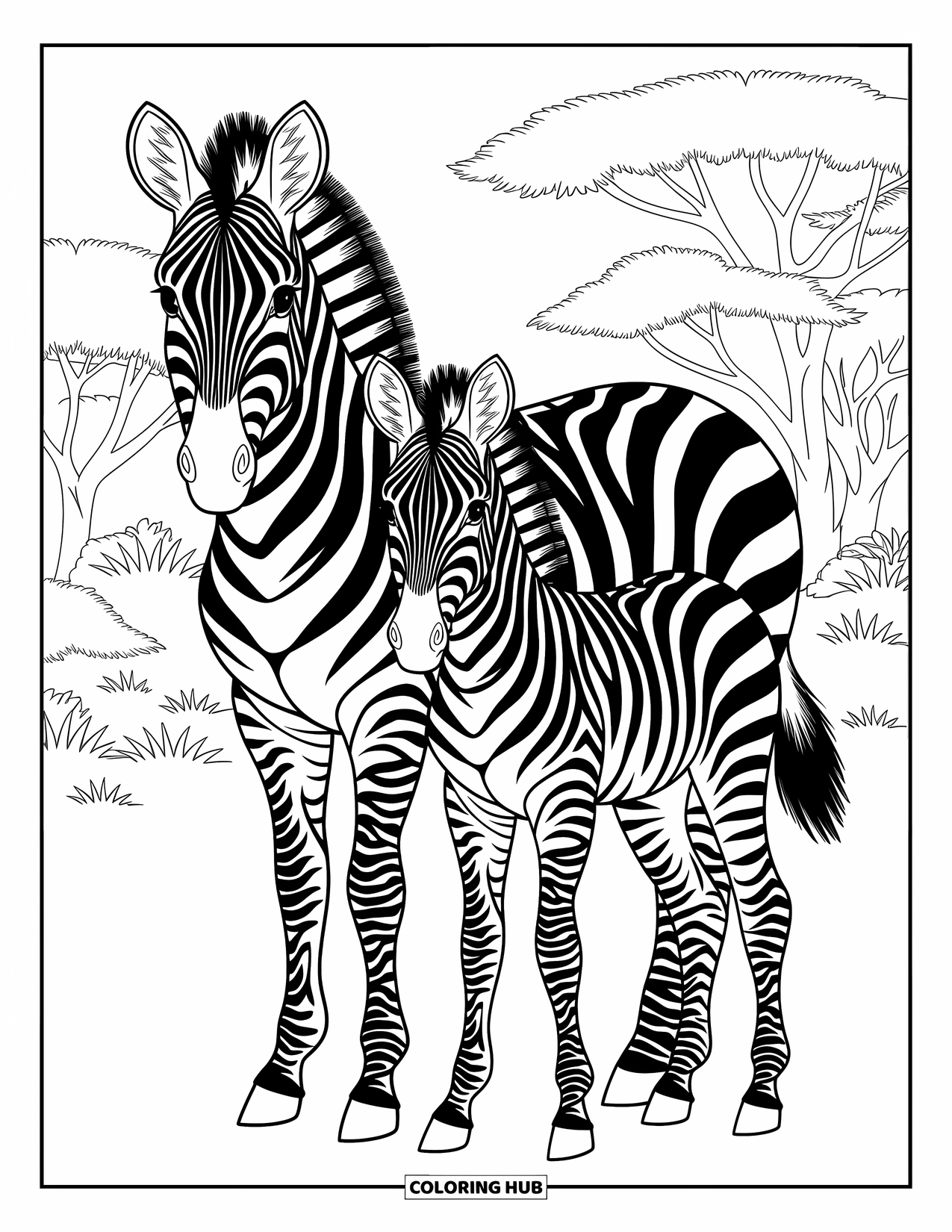 Zebra Coloring Page for Adults: Mother and baby zebra face forward surrounded by ornate savannah scenery