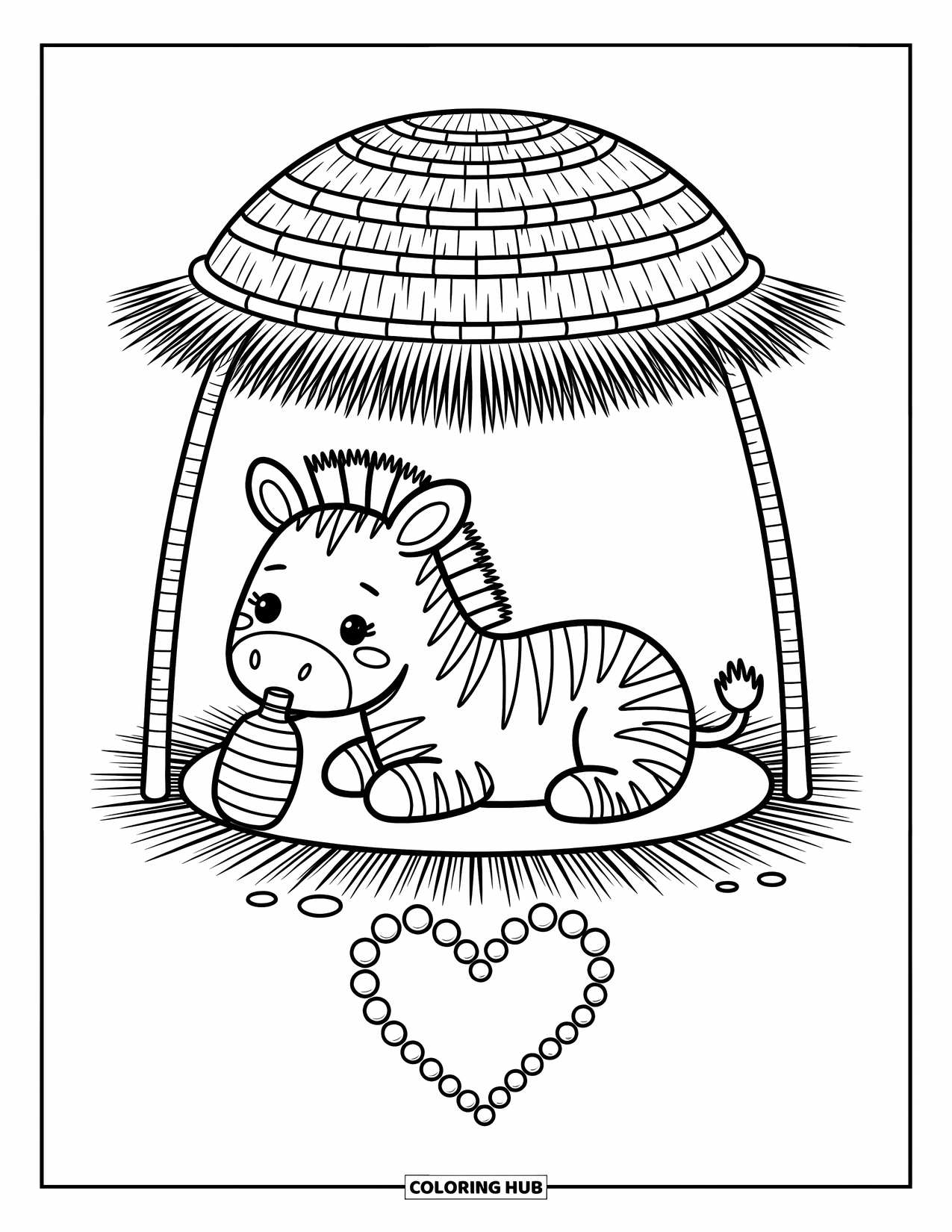 Zebra Coloring Page for Adults: Resting on a mat, a zebra drinks happily with pebbles forming a heart
