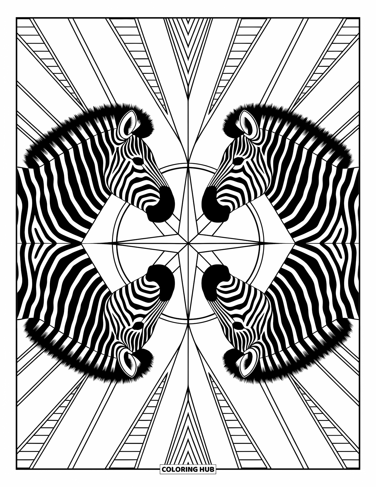 Zebra Coloring Page for Adults: Symmetrical zebras and a compass rose fill the page with detailed geometric patterns