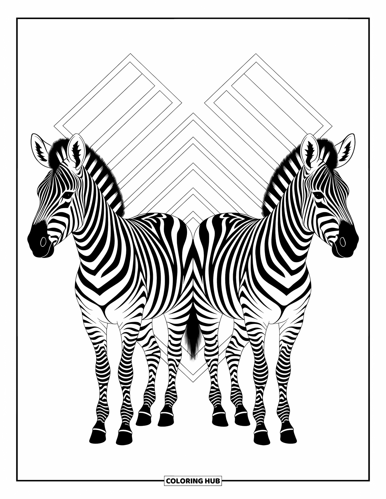 Zebra Coloring Page for Adults: Two zebras stand head to tail, blending into a cool geometric pattern