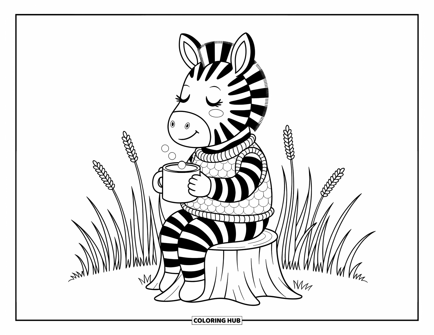 Zebra Coloring Page for Adults: Wrapped in a vest, a zebra relaxes on a stump with a warm mug