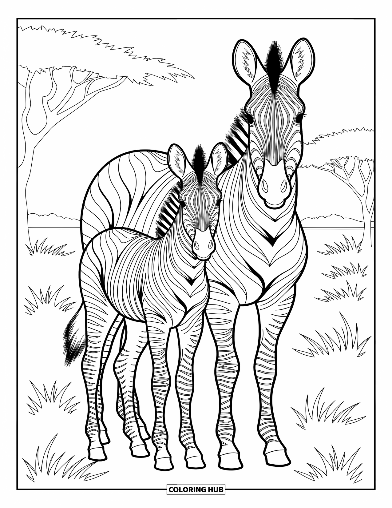 Zebra Coloring Page for Adults: Zebra and foal stand together with bold stripes against a softly patterned savannah