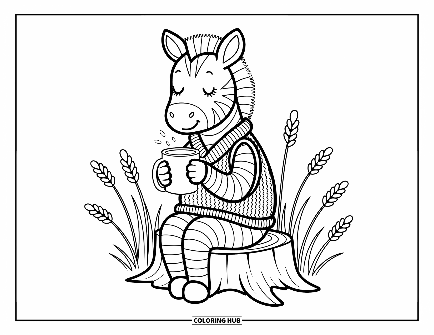 Zebra Coloring Page for Adults: Zebra enjoys a cozy drink on a stump as tiny beetles scurry nearby