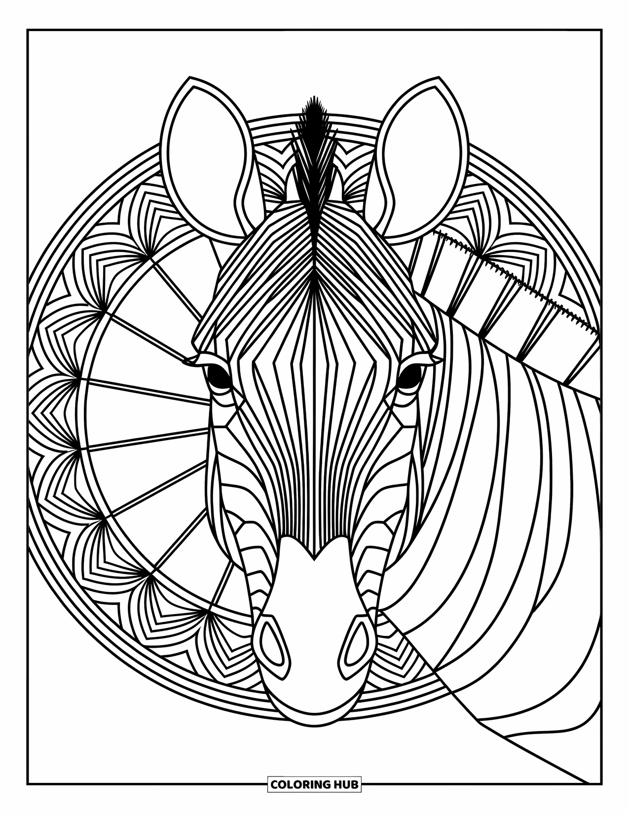Zebra Coloring Page for Adults: Zebra face sits at the center of swirls and soft geometric lines