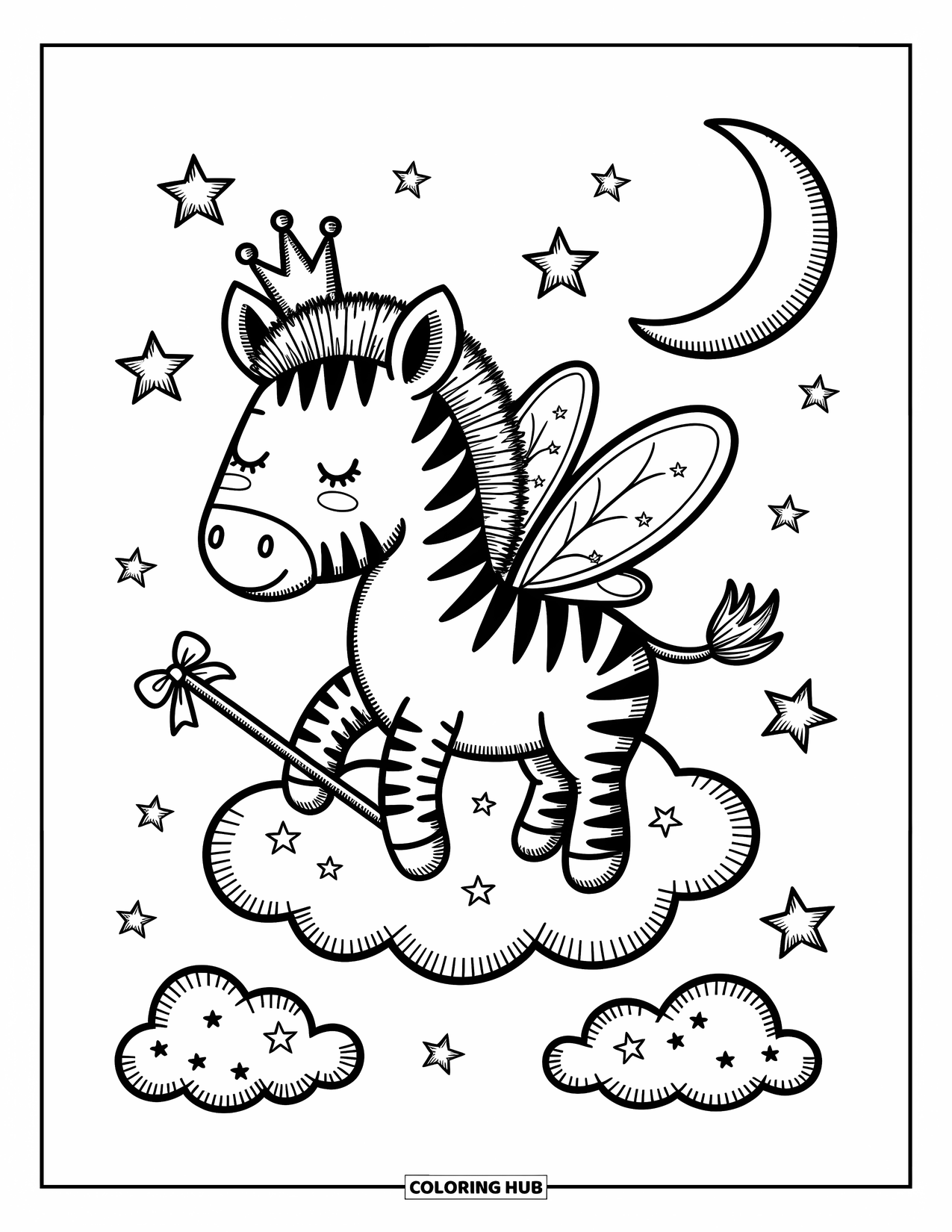 Zebra Coloring Page for Adults: Zebra fairy rests on a cloud, wand in hoof, as stars twinkle around a crescent moon
