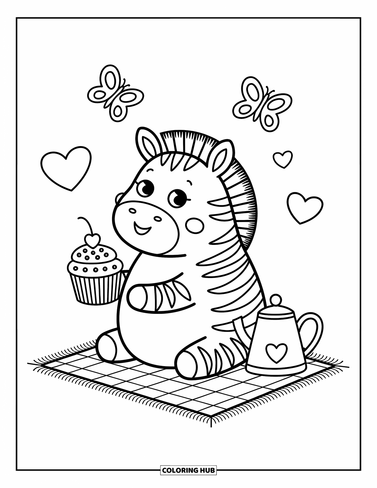 Zebra Coloring Page for Adults: Zebra holds a sprinkled cupcake while sitting with butterflies and a heart kettle nearby