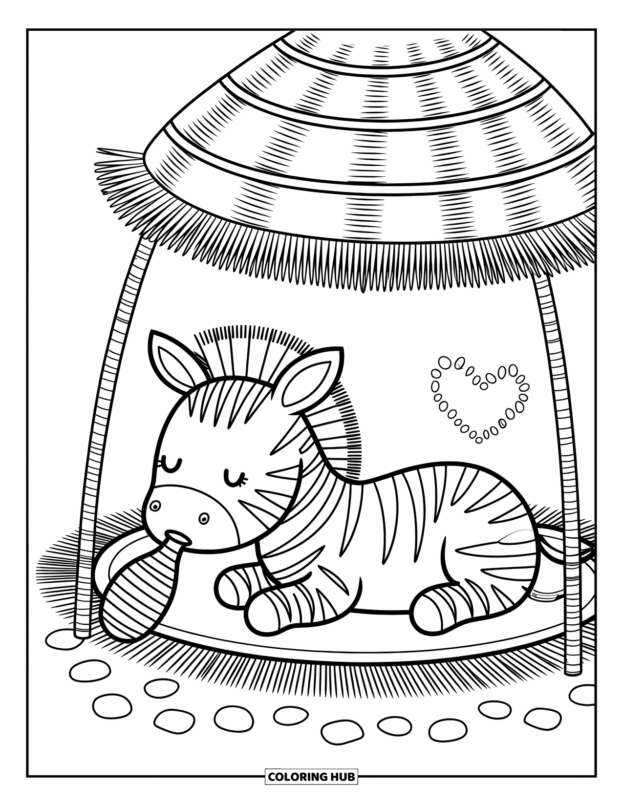 Zebra Coloring Page for Adults: Zebra relaxes under a straw canopy, sipping peacefully beside a heart-shaped pebble
