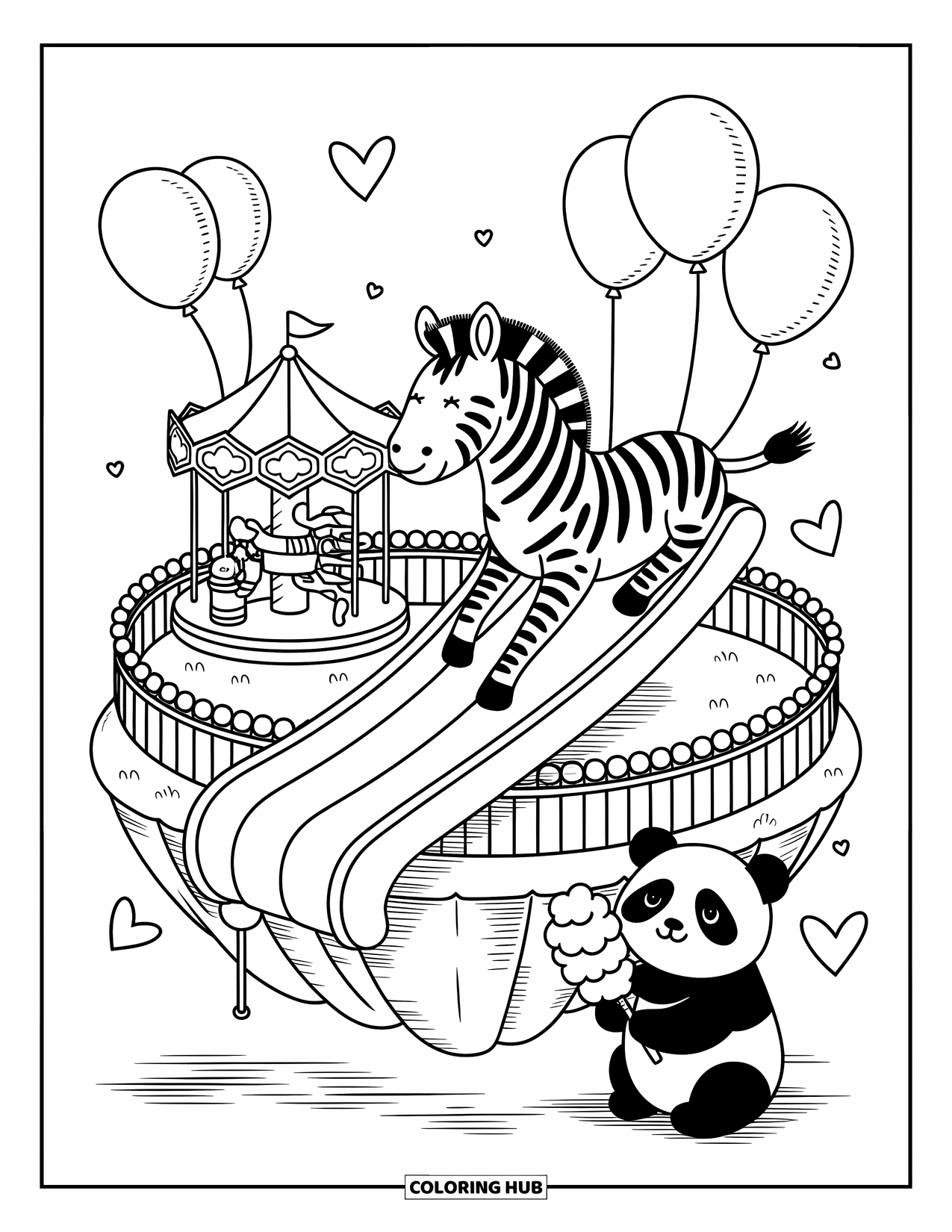 Zebra Coloring Page for Adults: Zebra rides a candy slide as a panda watches and a tiny carousel spins nearby