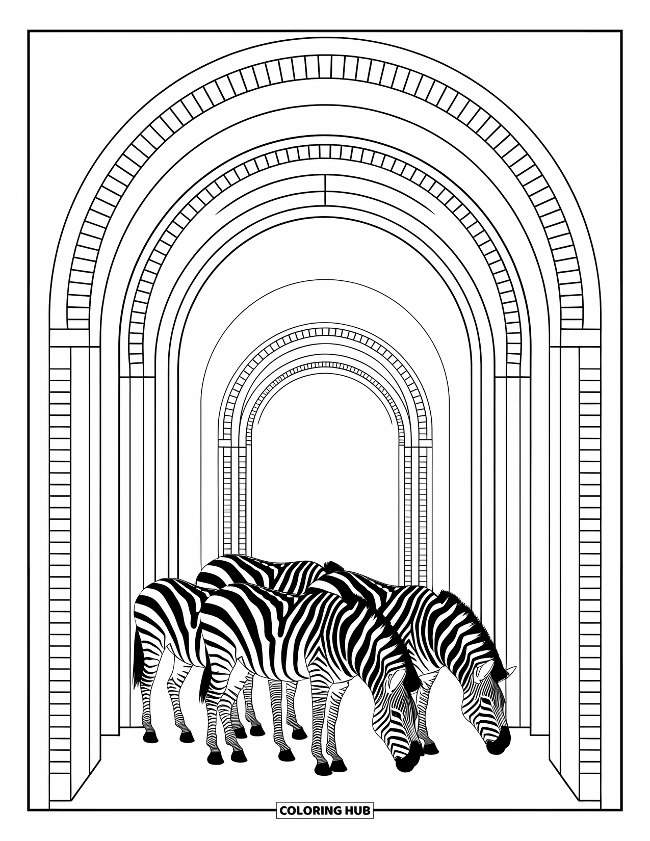 Zebra Coloring Page for Adults: Zebras graze beneath patterned archways in a peaceful, mosaic-decorated scene