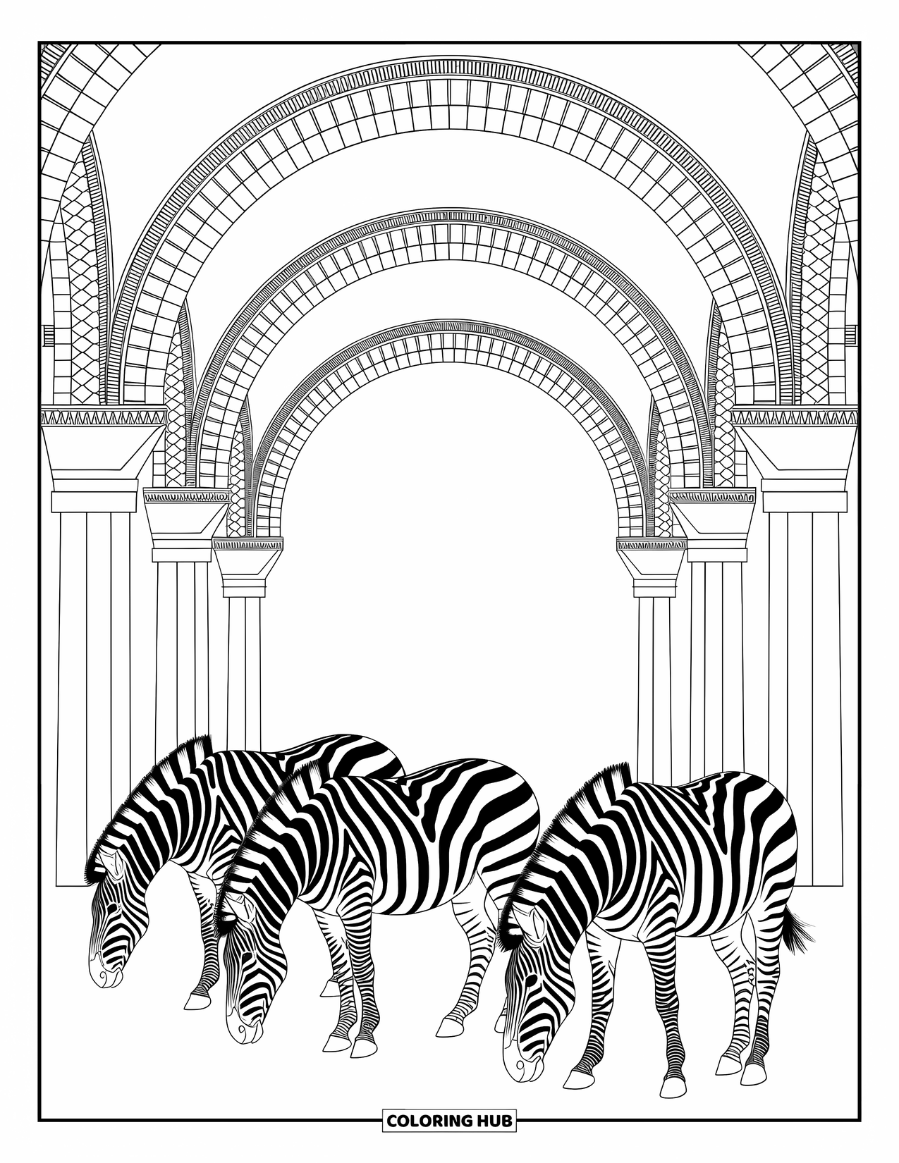 Zebra Coloring Page for Adults: Zebras graze in the distance beneath archways filled with mosaic-style detailing