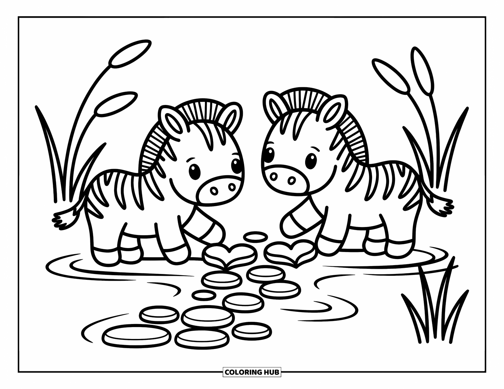 Zebra Coloring Page for Adults: Zebras place heart-shaped pebbles across a soft stream in a playful scene