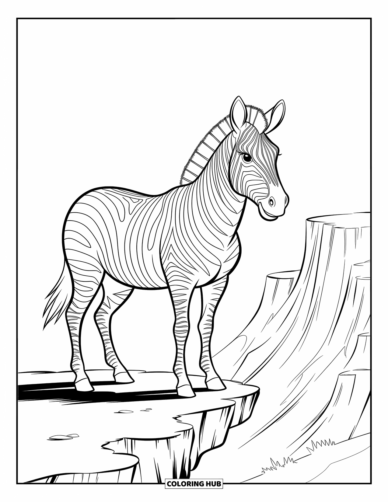Zebra Coloring Page for Kids: A strong zebra stands high on a rocky ledge, surveying the valley