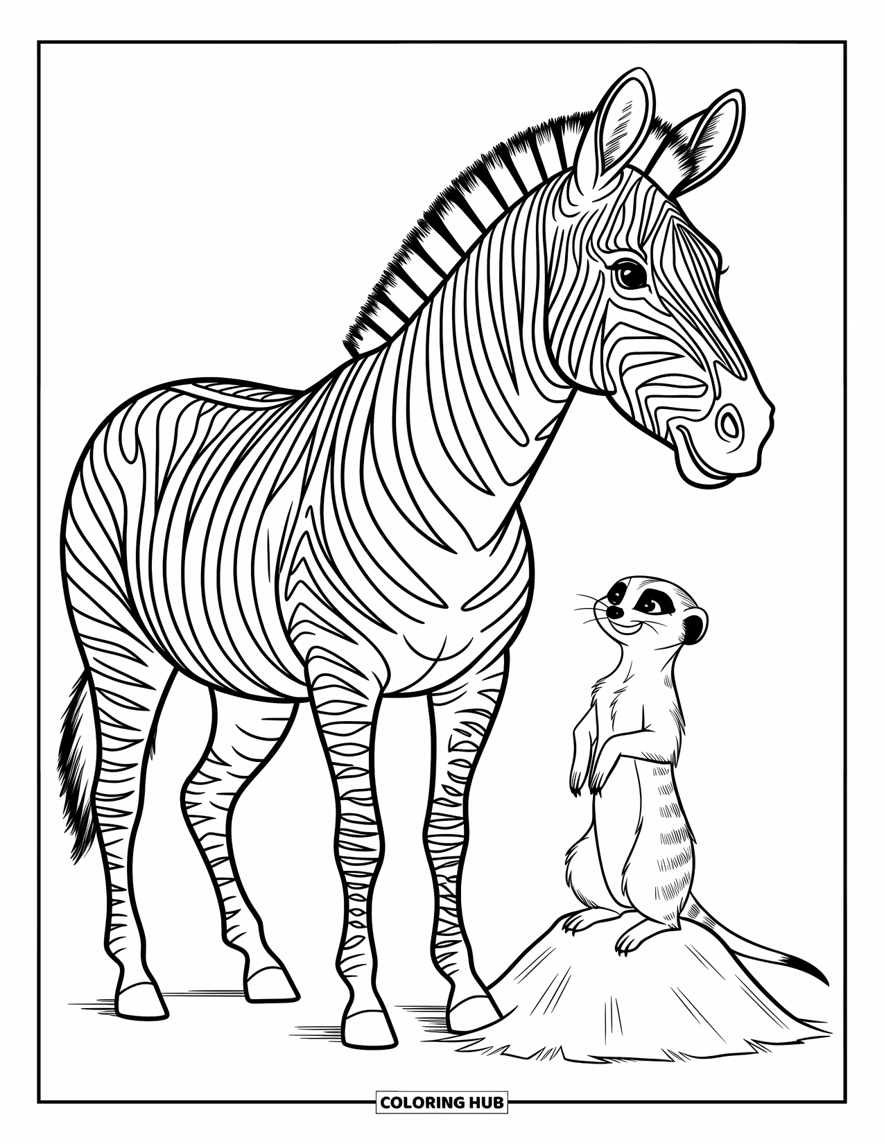 Zebra Coloring Page for Kids: A zebra and a meerkat share a playful moment beside a small mound