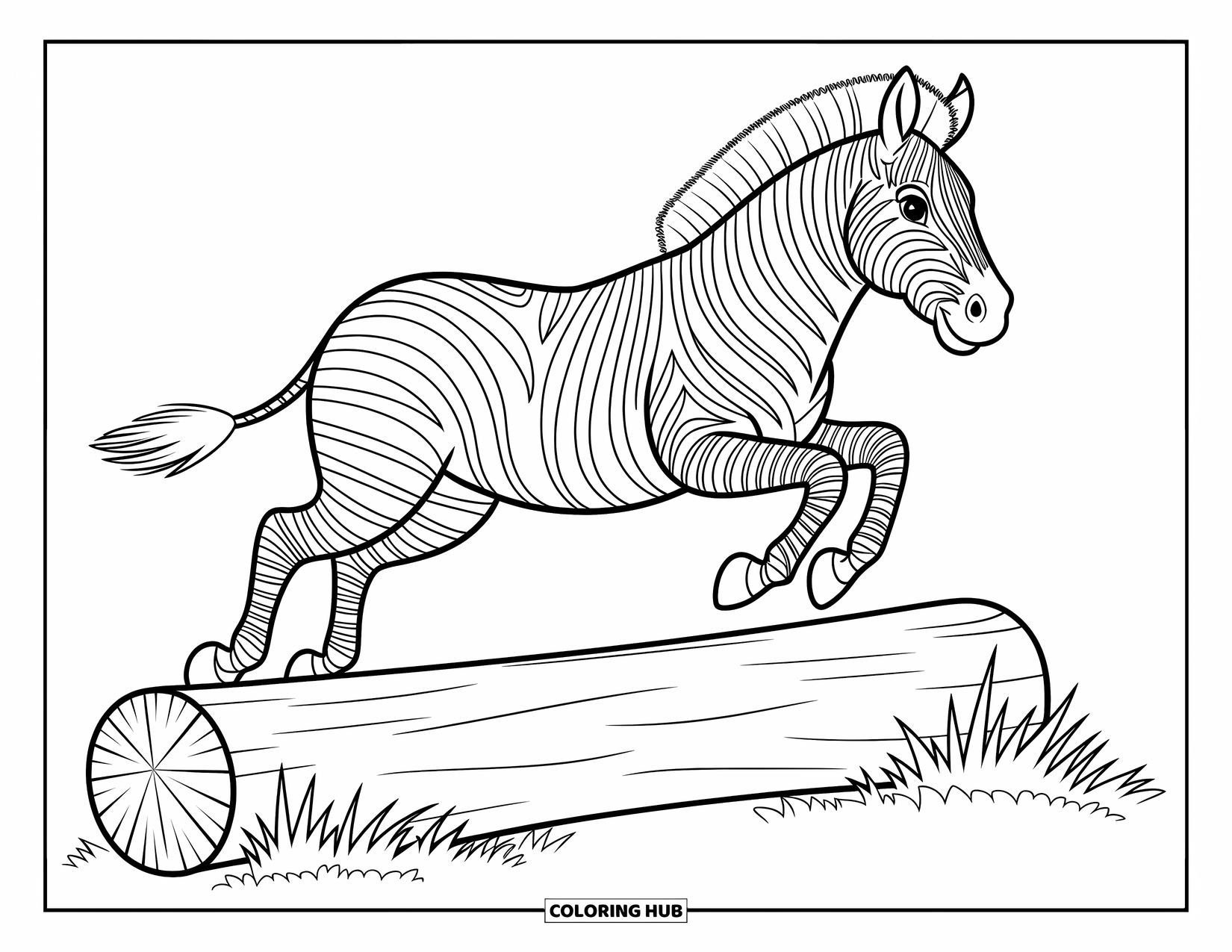 Zebra Coloring Page for Kids: A zebra jumps mid-air over a safari log, tail flicking and mane flowing