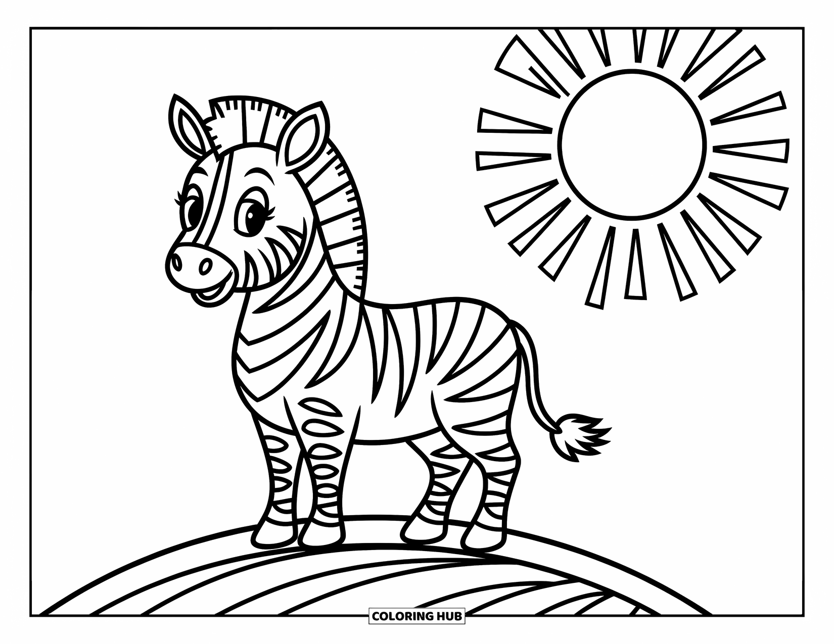 Zebra Coloring Page for Kids: A zebra on a hill enjoys the sunshine and gentle breeze