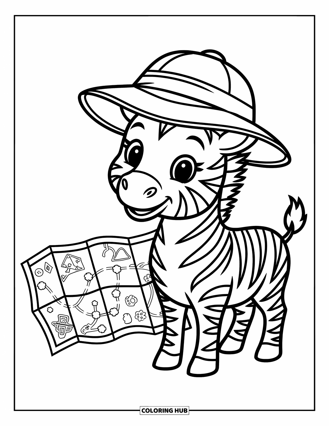 Zebra Coloring Page for Kids: Adventurous zebra with a safari hat stands beside a whimsical treasure map