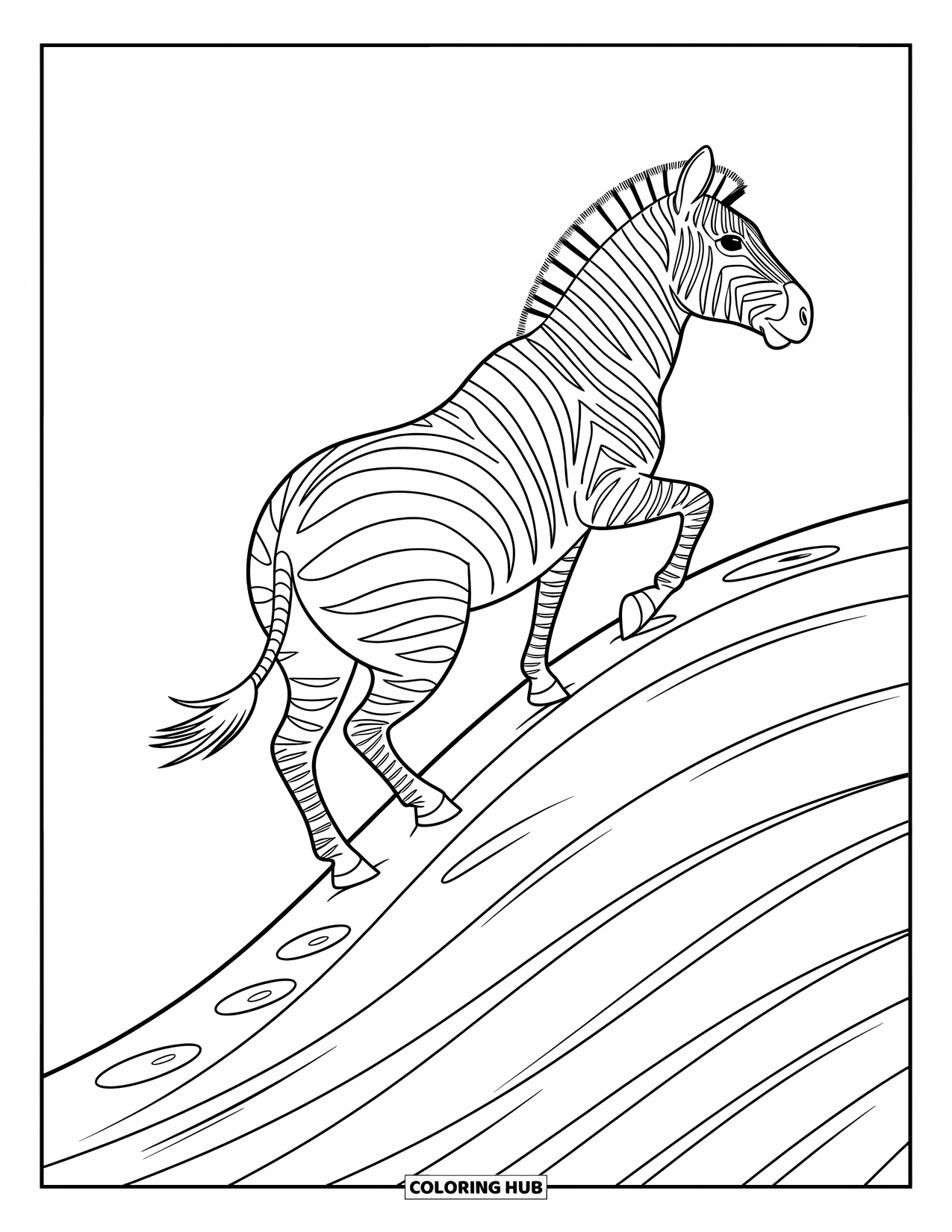 Zebra Coloring Page for Kids: Climbing the slope, a zebra leaves a trail of prints behind it
