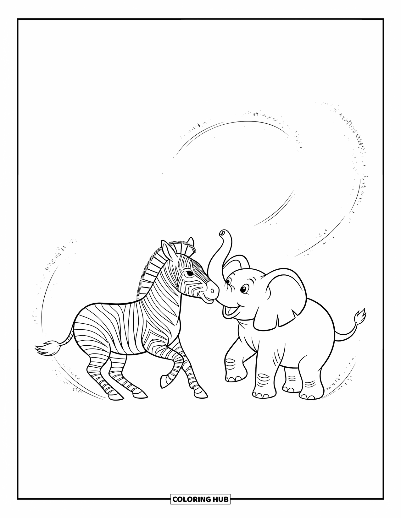 Zebra Coloring Page for Kids: Elephant reaches toward a zebra during a playful game in the open