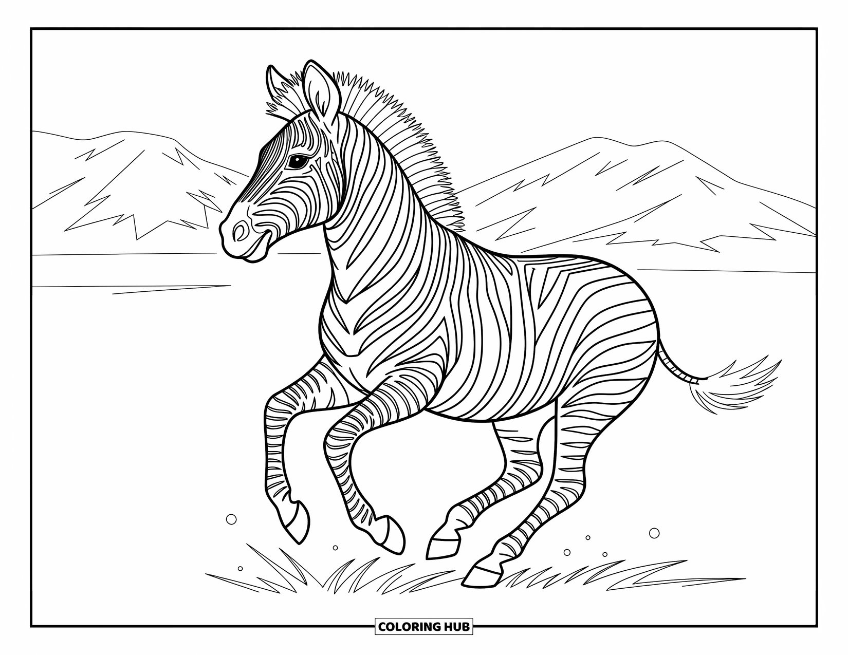 Zebra Coloring Page for Kids: Galloping zebra moves with grace beneath a mountain-filled sky