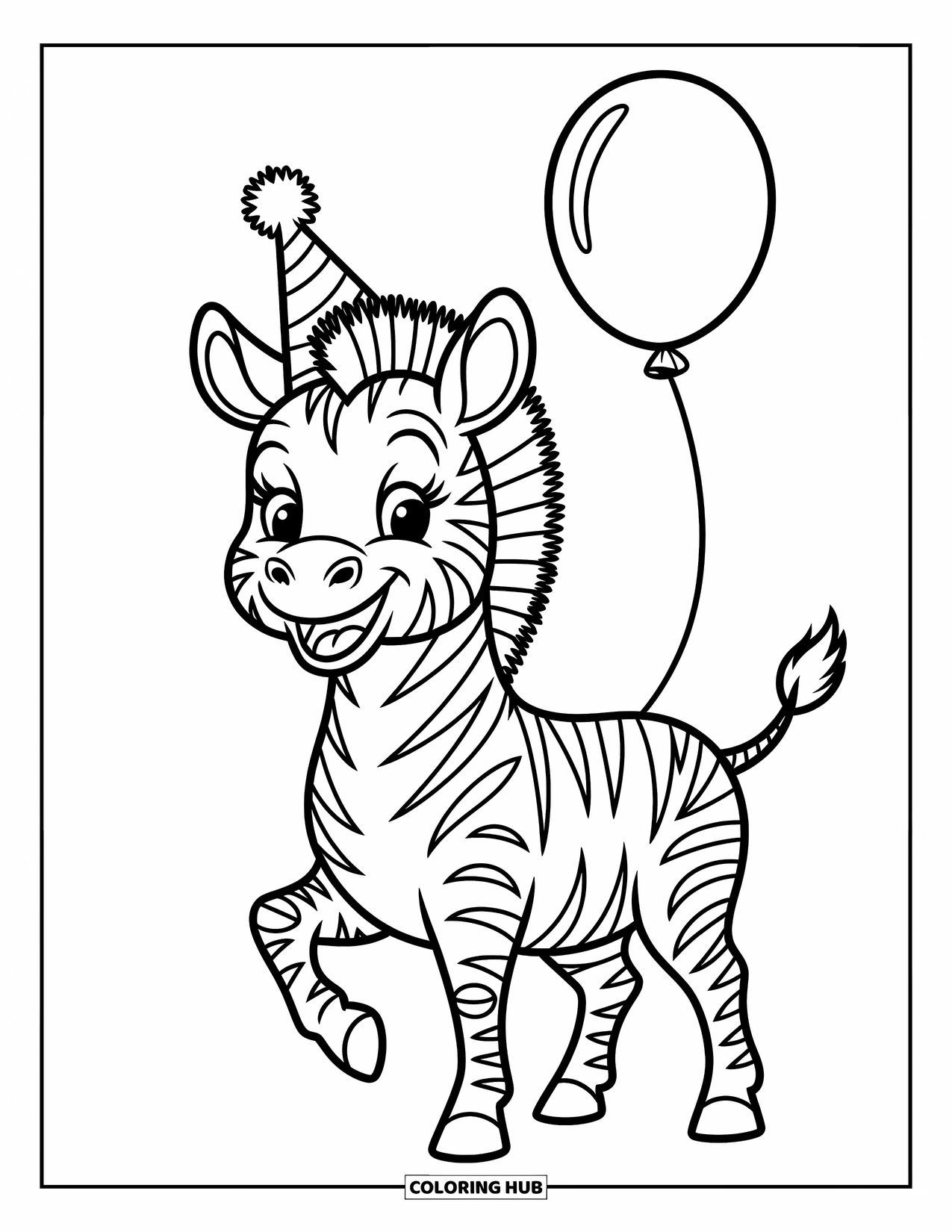 Zebra Coloring Page for Kids: Happy zebra with a party hat and balloon stands ready to celebrate