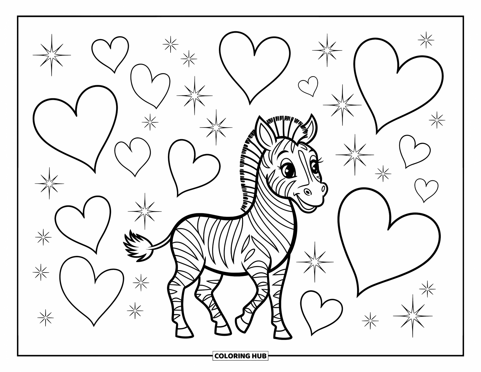Zebra Coloring Page for Kids: Playful zebra is surrounded by big hearts and twinkling stars