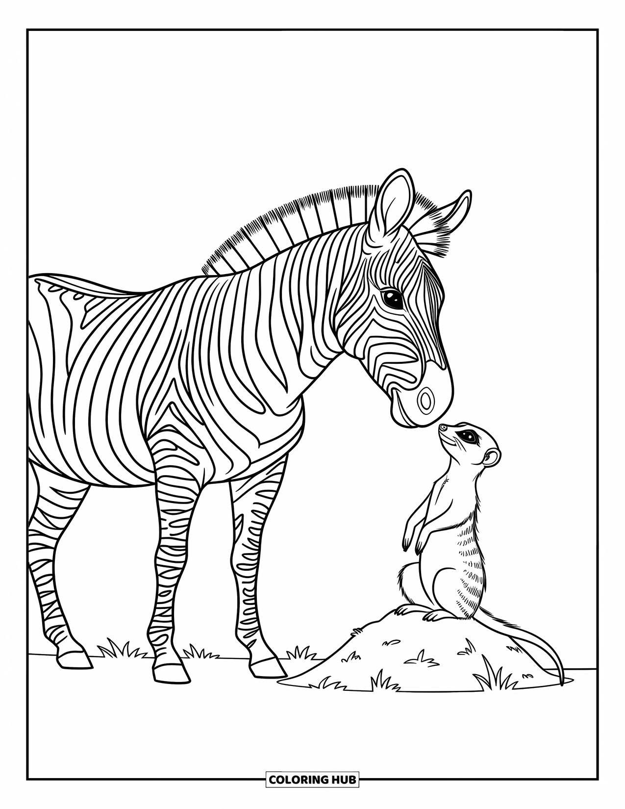 Zebra Coloring Page for Kids: Zebra and meerkat meet on a hill, sharing a quiet, fun moment
