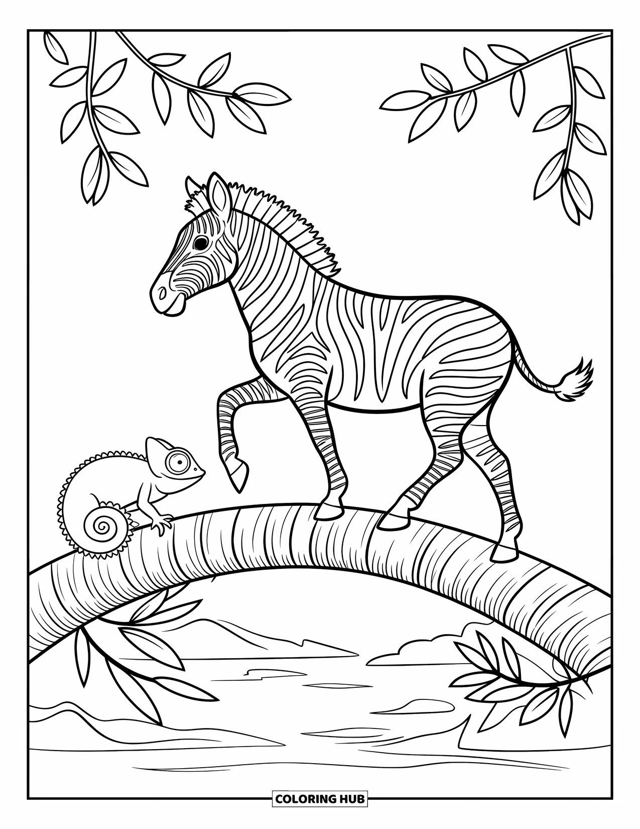 Zebra Coloring Page for Kids: Zebra crosses a log bridge as a curious chameleon watches nearby