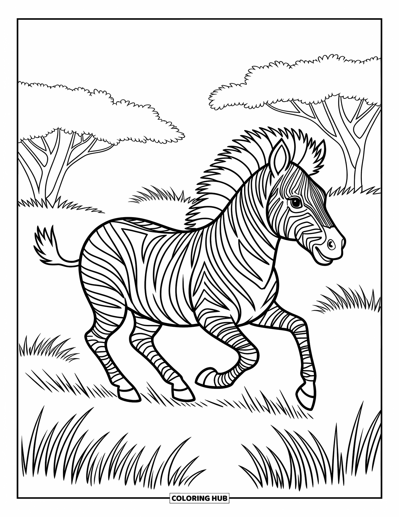 Zebra Coloring Page for Kids: Zebra dashes through tall grass, its mane flowing in the wind