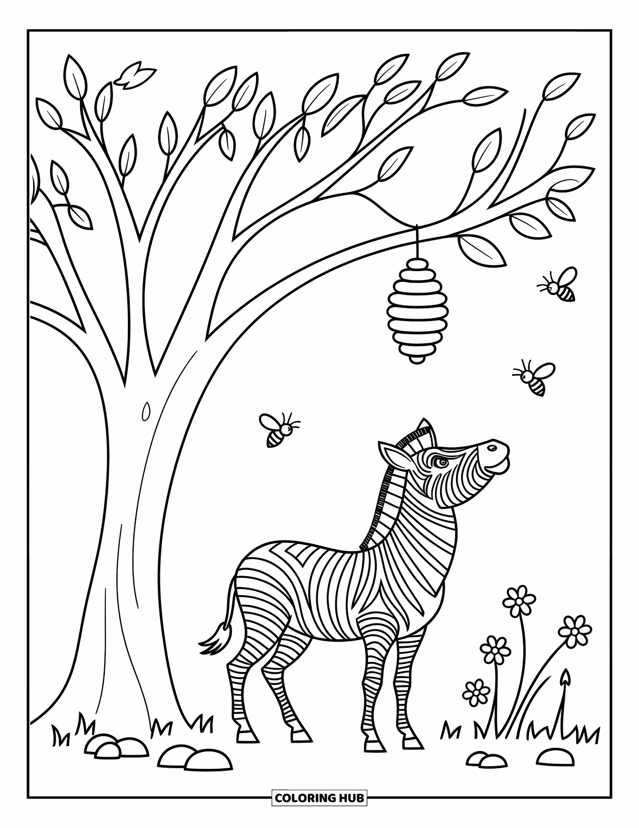 Zebra Coloring Page for Kids: Zebra gazes at a beehive above, surrounded by flowers, leaves, and buzzing bugs