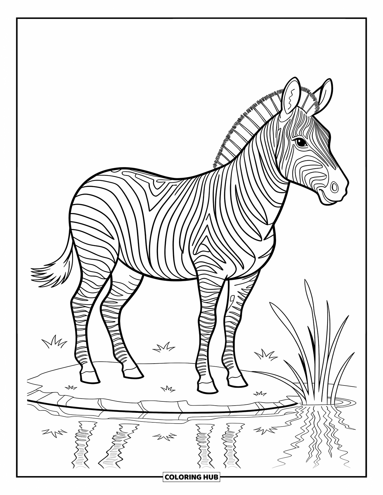 Zebra Coloring Page for Kids: Zebra gazes into a pond, surrounded by soft waves and quiet leaves