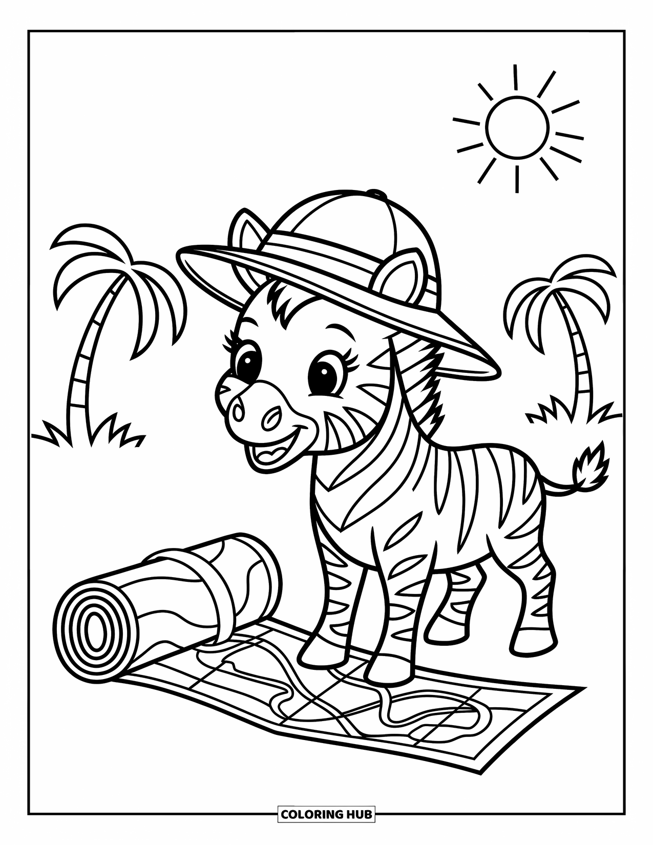 Zebra Coloring Page for Kids: Zebra in a safari hat smiles beside a treasure map full of twists and clues