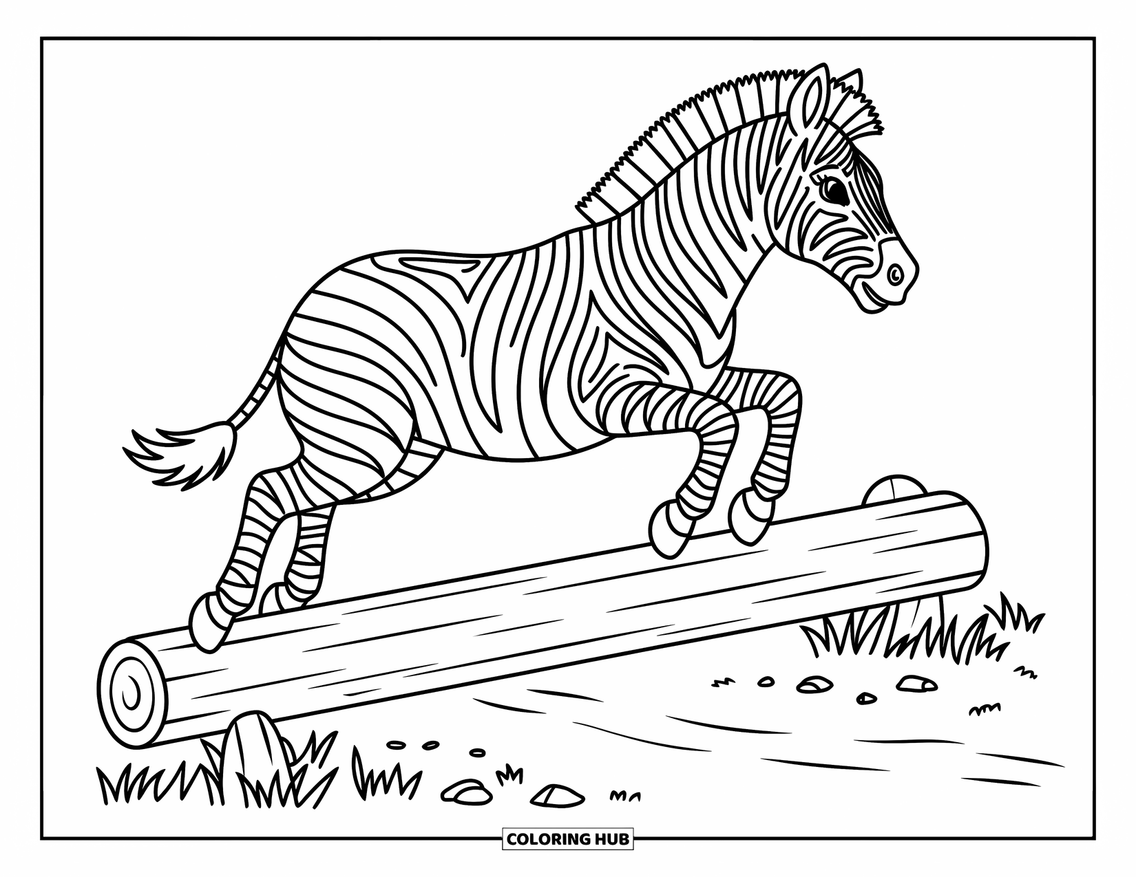 Zebra Coloring Page for Kids: Zebra jumps over a log on a trail scattered with leaves and small rocks