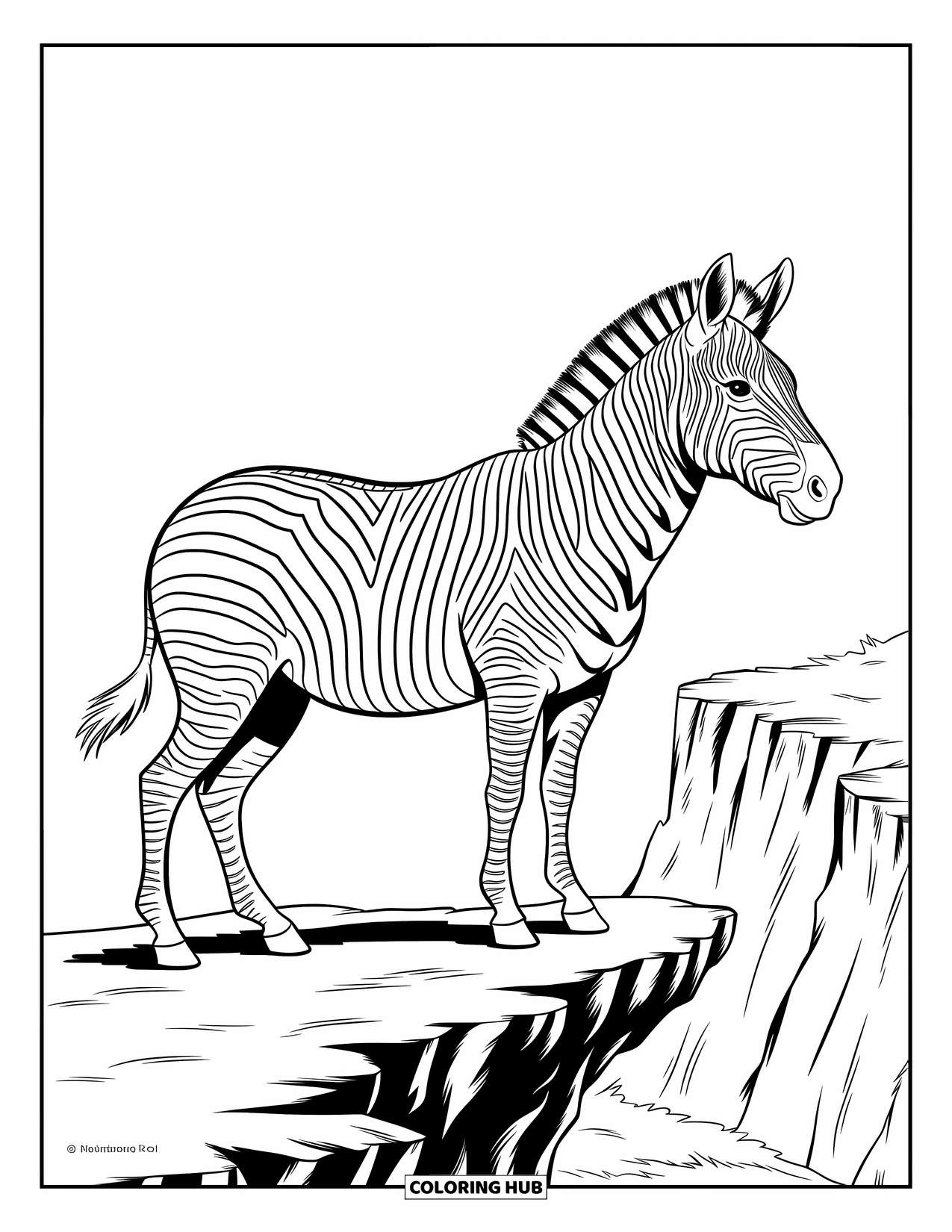 Zebra Coloring Page for Kids: Zebra looks out from a rocky cliff, still and sure