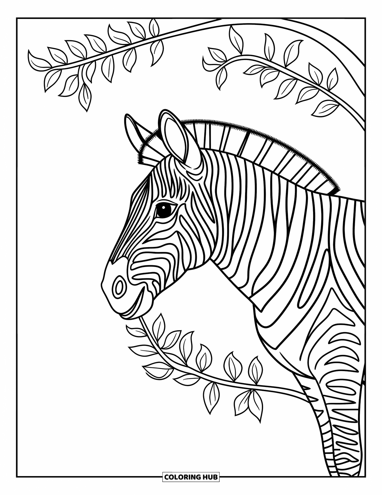 Zebra Coloring Page for Kids: Zebra munches leaves from a low branch with a happy expression