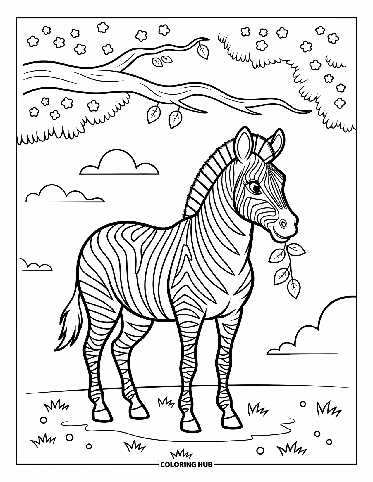Zebra Coloring Page for Kids: Zebra nibbles leaves under a tree with soft clouds in the sky