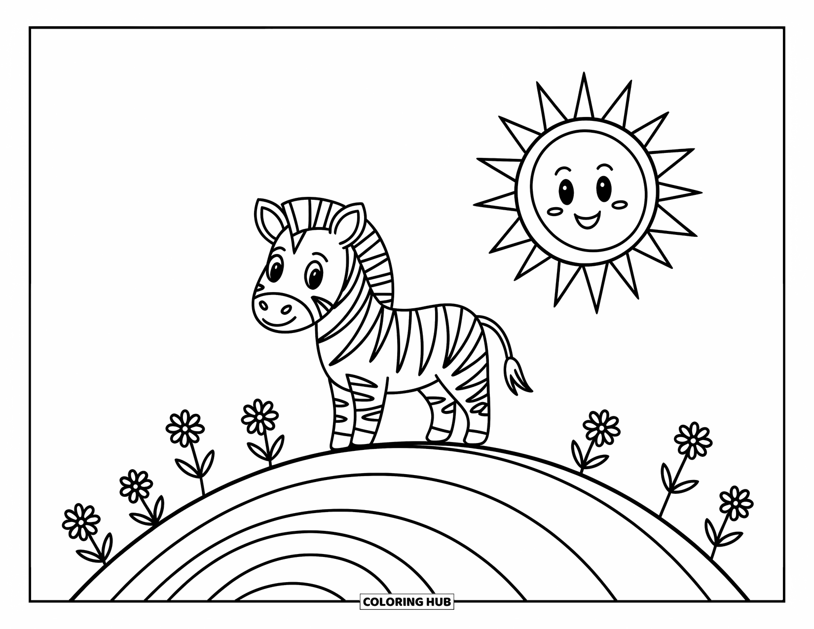Zebra Coloring Page for Kids: Zebra plays on a hill beneath a smiling sun and soft clouds