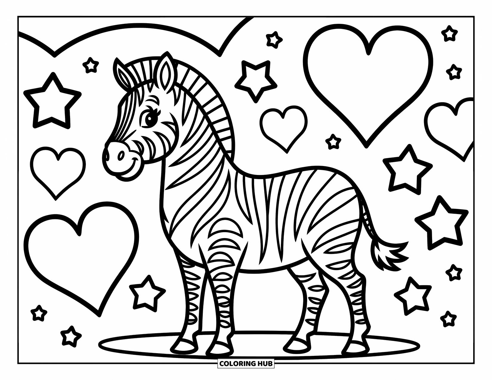 Zebra Coloring Page for Kids: Zebra smiles in a field of stars and hearts, ready for fun